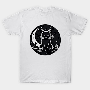 Cat Under Moon Sky Furry Cute Vector Graphic T-Shirt